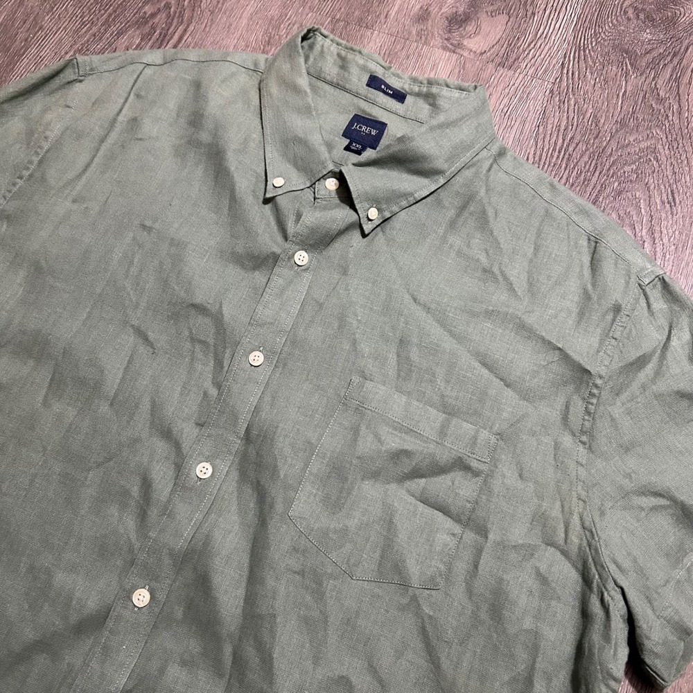 J Crew Button Down Shirt XXL Green Slim Fit Short Sleeve Linen Blend AL188